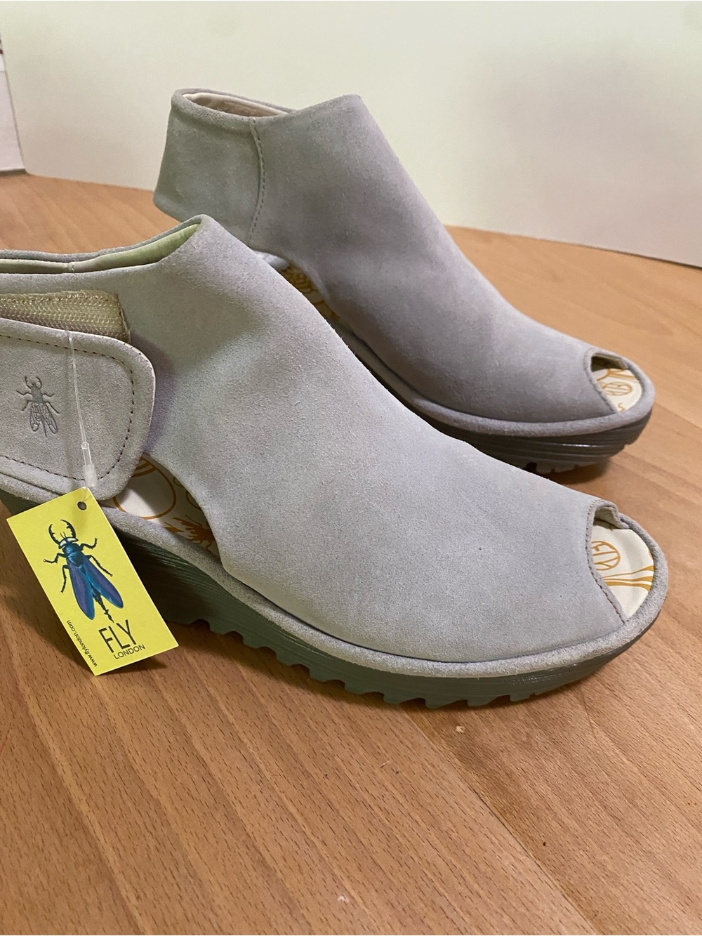 Fly London Light Gray Suede Open Toe Wedge Mules 37